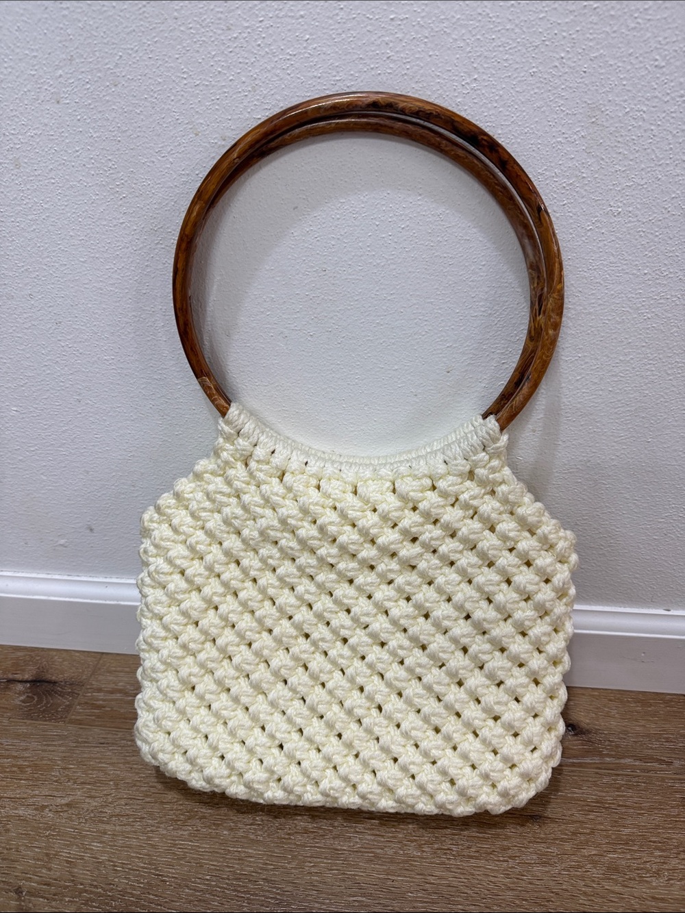 Handmade vintage Cream Woven Tote with Wooden Ring Handles